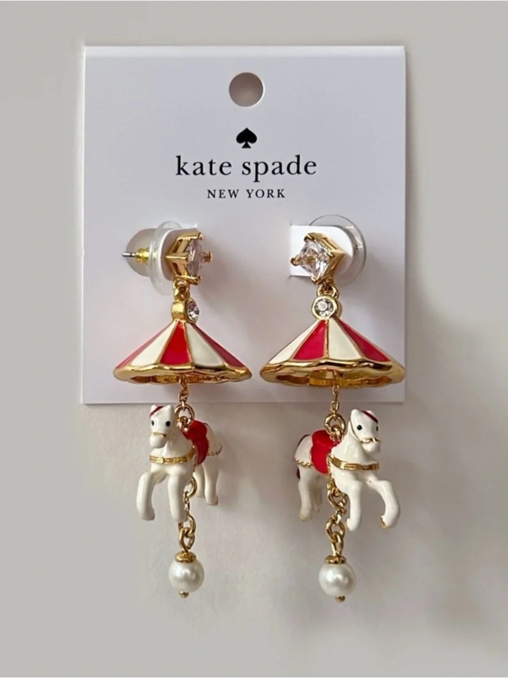 kate spade Enamel Carousel Horse Drop Earrings in Red, White & Gold